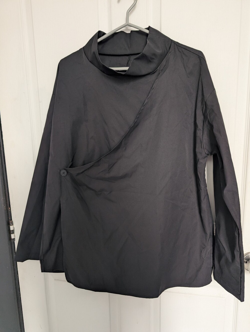 Black Asymmetrical Button Detail Long Sleeve Top
